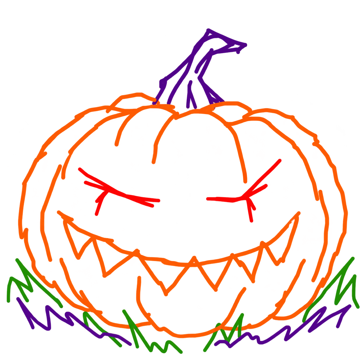Hand-drawn mischievous jack-o’-lantern in orange, purple and green.